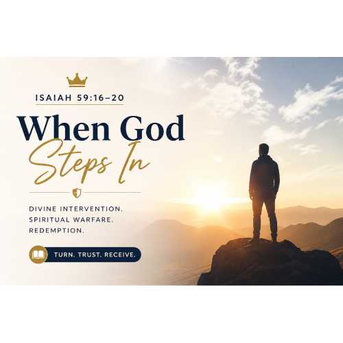“Isaiah 59:16–20 illustration showing divine intervention, spiritual warfare, and redemption with a man standing at sunrise”