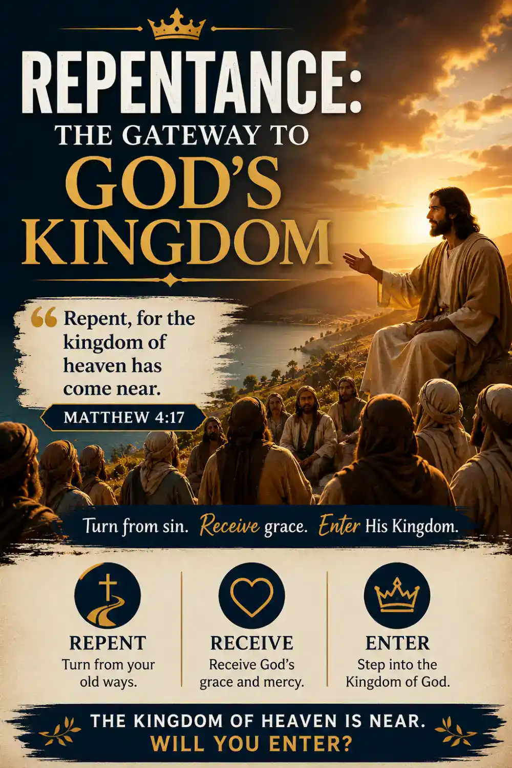 A Christian sermon flyer showing Jesus preaching to a large crowd on a hillside, emphasizing repentance and the nearness of God’s kingdom. The design highlights Matthew 4:17 with symbolic visuals of turning away from sin, receiving grace, and entering the kingdom of heaven in a gold and navy divine-themed background.