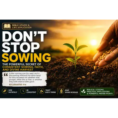 Ecclesiastes 11:6 illustration showing a hand sowing seeds into soil at sunrise representing faith, consistency, and divine harvest.